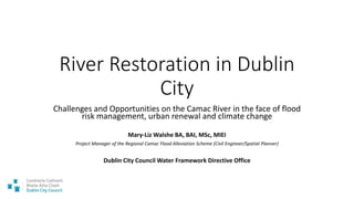 River Restoration in Dublin
City
Challenges and Opportunities on the Camac River in the face of flood
risk management, urban renewal and climate change
Mary-Liz Walshe BA, BAI, MSc, MIEI
Project Manager of the Regional Camac Flood Alleviation Scheme (Civil Engineer/Spatial Planner)
Dublin City Council Water Framework Directive Office
 