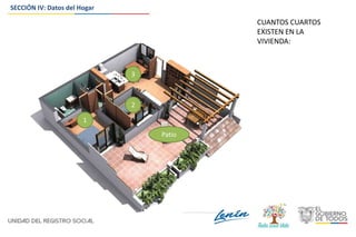 CUANTOS CUARTOS
EXISTEN EN LA
VIVIENDA:
1
2
3
Patio
SECCIÓN IV: Datos del Hogar
 