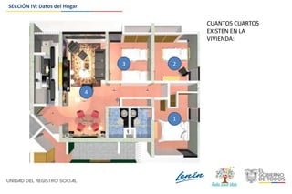 SECCIÓN IV: Datos del Hogar
CUANTOS CUARTOS
EXISTEN EN LA
VIVIENDA:
1
23
4
 