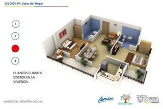 SECCIÓN IV: Datos del Hogar
CUANTOS CUARTOS
EXISTEN EN LA
VIVIENDA:
1
2
3
4
3
 