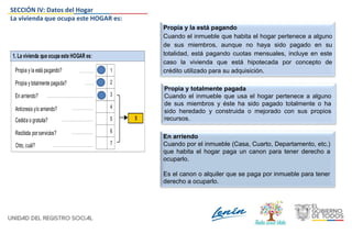 1. La vivienda que ocupa este HOGAR es:
En arriendo?
Anticresis y/o arriendo?
Propia y la está pagando?
Propia y totalmente pagada?
3
4
1
2
5Cedida o gratuita?
Recibida porservicios? 6
Otro, cuál? 7
5
Propia y totalmente pagada
Cuando el inmueble que usa el hogar pertenece a alguno
de sus miembros y éste ha sido pagado totalmente o ha
sido heredado y construida o mejorado con sus propios
recursos.
En arriendo
Cuando por el inmueble (Casa, Cuarto, Departamento, etc.)
que habita el hogar paga un canon para tener derecho a
ocuparlo.
Es el canon o alquiler que se paga por inmueble para tener
derecho a ocuparlo.
Propia y la está pagando
Cuando el inmueble que habita el hogar pertenece a alguno
de sus miembros, aunque no haya sido pagado en su
totalidad, está pagando cuotas mensuales, incluye en este
caso la vivienda que está hipotecada por concepto de
crédito utilizado para su adquisición.
SECCIÓN IV: Datos del Hogar
La vivienda que ocupa este HOGAR es:
 