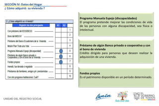 Programa Manuela Espejo (discapacidades)
El programa pretende mejorar las condiciones de vida
de las personas con alguna discapacidad, sea física o
intelectual.
Préstamo de algún Banco privado o cooperativa y con
el bono de vivienda
Crédito dirigido para personas que deseen realizar la
adquisición de una vivienda.
Fondos propios
Es el patrimonio disponible en un período determinado.
SECCIÓN IV: Datos del Hogar
¿ Cómo adquirió su vivienda ?
 