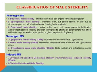 CLASSIFICATION OF MALE STERILITY
Phenotypic MS
 1. Structural male sterility : anomalies in male sex organs / missing altogether
 2. Sporogenous male sterility : stamens form, but pollen absent or rare due to
microsporogenous cell abortion before / during/ after meiosis
 3. Functional male sterility : viable pollen form, but barrier prevents fertilization
(anther indehiscence, inability of pollen to migrate to Stigma or other factors that affect
fertilization e.g., extended style, pollen is glued together in Soybean)
Genotypic MS
 i. Cytoplasmic male sterility (CMS): Non-Mendelian inheritance - cytoplasmic
 ii. Genic male sterility (GMS): Mendelian inheritance due to nuclear not cytoplasmic
genes
 iii. Cytoplasmic genic male sterility (CGMS): Both nuclear and cytoplasmic genes
are involved
Induced MS
 i. Environment Sensitive Genic male sterility or Environmental induced sterility
(EGMS)
 ii Chemically Induced Male Sterility
 