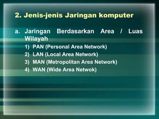 2. Jenis-jenis Jaringan komputer
a. Jaringan Berdasarkan Area / Luas
Wilayah
1) PAN (Personal Area Network)
2) LAN (Local Area Network)
3) MAN (Metropolitan Area Network)
4) WAN (Wide Area Netwok)
 