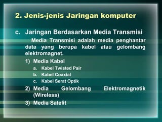 2. Jenis-jenis Jaringan komputer
c. Jaringan Berdasarkan Media Transmisi
Media Transmisi adalah media penghantar
data yang berupa kabel atau gelombang
elektromagnet.
1) Media Kabel
a. Kabel Twisted Pair
b. Kabel Coaxial
c. Kabel Serat Optik
2) Media Gelombang Elektromagnetik
(Wireless)
3) Media Satelit
 