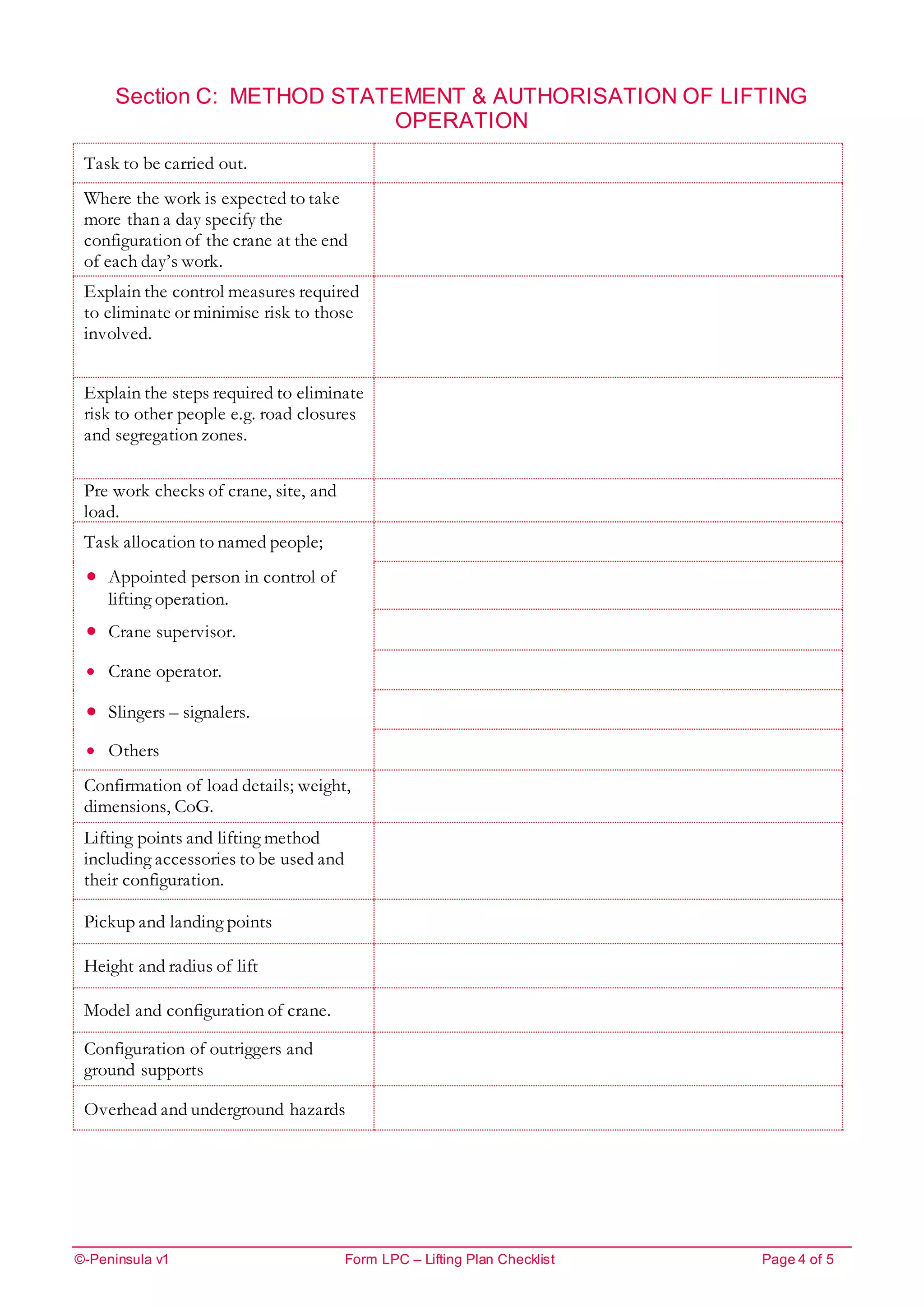 ©-Peninsula v1 Form LPC – Lifting Plan Checklist Page 4 of 5
Section C: METHOD STATEMENT & AUTHORISATION OF LIFTING
OPERATION
Task to be carried out.
Where the work is expected to take
more than a day specify the
configuration of the crane at the end
of each day’s work.
Explain the control measures required
to eliminate or minimise risk to those
involved.
Explain the steps required to eliminate
risk to other people e.g. road closures
and segregation zones.
Pre work checks of crane, site, and
load.
Task allocation to named people;
 Appointed person in control of
lifting operation.
 Crane supervisor.
 Crane operator.
 Slingers – signalers.
 Others
Confirmation of load details; weight,
dimensions, CoG.
Lifting points and lifting method
including accessories to be used and
their configuration.
Pickup and landing points
Height and radius of lift
Model and configuration of crane.
Configuration of outriggers and
ground supports
Overhead and underground hazards
 