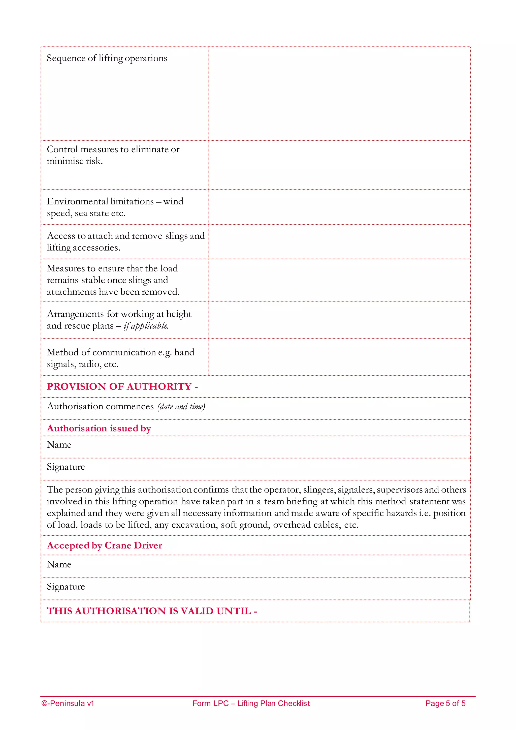 ©-Peninsula v1 Form LPC – Lifting Plan Checklist Page 5 of 5
Sequence of lifting operations
Control measures to eliminate or
minimise risk.
Environmental limitations – wind
speed, sea state etc.
Access to attach and remove slings and
lifting accessories.
Measures to ensure that the load
remains stable once slings and
attachments have been removed.
Arrangements for working at height
and rescue plans – if applicable.
Method of communication e.g. hand
signals, radio, etc.
PROVISION OF AUTHORITY -
Authorisation commences (date and time)
Authorisation issued by
Name
Signature
The person givingthis authorisationconfirms thatthe operator, slingers, signalers, supervisorsand others
involved in this lifting operation have taken part in a team briefing at which this method statement was
explained and they were given all necessary information and made aware of specific hazards i.e. position
of load, loads to be lifted, any excavation, soft ground, overhead cables, etc.
Accepted by Crane Driver
Name
Signature
THIS AUTHORISATION IS VALID UNTIL -
 