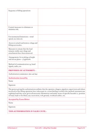 ©-Peninsula v1 Form LPC – Lifting Plan Checklist Page 5 of 5
Sequence of lifting operations
Control measures to eliminate or
minimise risk.
Environmental limitations – wind
speed, sea state etc.
Access to attach and remove slings and
lifting accessories.
Measures to ensure that the load
remains stable once slings and
attachments have been removed.
Arrangements for working at height
and rescue plans – if applicable.
Method of communication e.g. hand
signals, radio, etc.
PROVISION OF AUTHORITY -
Authorisation commences (date and time)
Authorisation issued by
Name
Signature
The person givingthis authorisationconfirms thatthe operator, slingers, signalers, supervisorsand others
involved in this lifting operation have taken part in a team briefing at which this method statement was
explained and they were given all necessary information and made aware of specific hazards i.e. position
of load, loads to be lifted, any excavation, soft ground, overhead cables, etc.
Accepted by Crane Driver
Name
Signature
THIS AUTHORISATION IS VALID UNTIL -
 