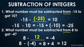 SUBTRACTION OF INTEGERS
-15 - ______ = 10
= -15 + (-10)-15 - 10
1. What number must be subtracted from -15 to
get 10?
= -2...