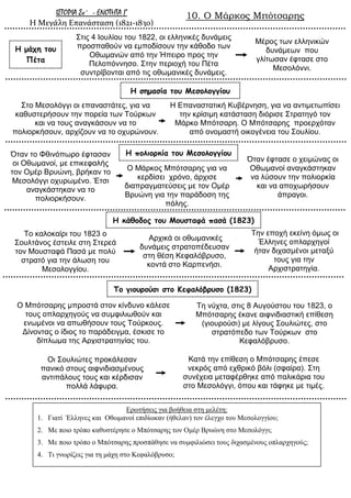 10. Ο Μάρκος ΜπότσαρηςΙΣΤΟΡΙΑ Στ΄ - ΕΝΟΤΗΤΑ Γ
Η Μεγάλη Επανάσταση (1821-1830)
Σηηο 4 Ινπιίνπ ηνπ 1822, νη ειιεληθέο δπλάκεηο
πξνζπαζνύλ λα εκπνδίζνπλ ηελ θάζνδν ηωλ
Οζωκαλώλ από ηελ Ήπεηξν πξνο ηελ
Πεινπόλλεζν. Σηελ πεξηνρή ηνπ Πέηα
ζπληξίβνληαη από ηηο νζωκαληθέο δπλάκεηο.
Σην Μεζνιόγγη νη επαλαζηάηεο, γηα λα
θαζπζηεξήζνπλ ηελ πνξεία ηωλ Τνύξθωλ
θαη λα ηνπο αλαγθάζνπλ λα ην
πνιηνξθήζνπλ, αξρίδνπλ λα ην νρπξώλνπλ.
Η ζημαζία ηοσ Μεζολογγίοσ
Μέξνο ηωλ ειιεληθώλ
δπλάκεωλ πνπ
γιίηωζαλ έθηαζε ζην
Μεζνιόγγη.
Όηαλ ην Φζηλόπωξν έθηαζαλ
νη Οζωκαλνί, κε επηθεθαιήο
ηνλ Οκέξ Βξπώλε, βξήθαλ ην
Μεζνιόγγη νρπξωκέλν. Έηζη
αλαγθάζηεθαλ λα ην
πνιηνξθήζνπλ.
Η μάτη ηοσ
Πέηα
Η πολιορκία ηοσ Μεζολογγίοσ
(1822)
Ο Μάξθνο Μπόηζαξεο γηα λα
θεξδίζεη ρξόλν, άξρηζε
δηαπξαγκαηεύζεηο κε ηνλ Οκέξ
Βξπώλε γηα ηελ παξάδνζε ηεο
πόιεο.
Ερωηήζεης γηα βοήζεηα ζηε κειέηε:
1. Γηαηί Έιιελες θαη Οζωκαλοί επηδίωθαλ (ήζειαλ) ηολ έιεγτο ηοσ Μεζοιογγίοσ;
2. Με ποηο ηρόπο θαζσζηέρεζε ο Μπόηζαρες ηολ Οκέρ Βρσώλε ζηο Μεζοιόγγη;
3. Με ποηο ηρόπο ο Μπόηζαρες προζπάζεζε λα ζσκθηιηώζεη ηοσς δηταζκέλοσς οπιαρτεγούς;
4. Τη γλωρίδεης γηα ηε κάτε ζηο Κεθαιόβρσζο;
Όηαλ έθηαζε ν ρεηκώλαο νη
Οζωκαλνί αλαγθάζηεθαλ
λα ιύζνπλ ηελ πνιηνξθία
θαη λα απνρωξήζνπλ
άπξαγνη.
Η κάθοδος ηοσ Μοσζηαθά παζά (1823)
Τν θαινθαίξη ηνπ 1823 ν
Σνπιηάλνο έζηεηιε ζηε Σηεξεά
ηνλ Μνπζηαθά Παζά κε πνιύ
ζηξαηό γηα ηελ άιωζε ηνπ
Μεζνινγγίνπ.
Αξρηθά νη νζωκαληθέο
δπλάκεηο ζηξαηνπέδεπζαλ
ζηε ζέζε Κεθαιόβξπζν,
θνληά ζην Καξπελήζη.
Τελ επνρή εθείλε όκωο νη
Έιιελεο νπιαξρεγνί
ήηαλ δηραζκέλνη κεηαμύ
ηνπο γηα ηελ
Αξρηζηξαηεγία.
Το γιοσρούζι ζηο Κεθαλόβρσζο (1823)
Ο Μπόηζαξεο κπξνζηά ζηνλ θίλδπλν θάιεζε
ηνπο νπιαξρεγνύο λα ζπκθηιηωζνύλ θαη
ελωκέλνη λα απωζήζνπλ ηνπο Τνύξθνπο.
Γίλνληαο ν ίδηνο ην παξάδεηγκα, έζθηζε ην
δίπιωκα ηεο Αξρηζηξαηεγίαο ηνπ.
Τε λύρηα, ζηηο 8 Απγνύζηνπ ηνπ 1823, ν
Μπόηζαξεο έθαλε αηθληδηαζηηθή επίζεζε
(γηνπξνύζη) κε ιίγνπο Σνπιηώηεο, ζην
ζηξαηόπεδν ηωλ Τνύξθωλ ζην
Κεθαιόβξπζν.
Οη Σνπιηώηεο πξνθάιεζαλ
παληθό ζηνπο αηθληδηαζκέλνπο
αληηπάινπο ηνπο θαη θέξδηζαλ
πνιιά ιάθπξα.
Καηά ηελ επίζεζε ν Μπόηζαξεο έπεζε
λεθξόο από ερζξηθό βόιη (ζθαίξα). Σηε
ζπλέρεηα κεηαθέξζεθε από παιηθάξηα ηνπ
ζην Μεζνιόγγη, όπνπ θαη ηάθεθε κε ηηκέο.
Η Δπαλαζηαηηθή Κπβέξλεζε, γηα λα αληηκεηωπίζεη
ηελ θξίζηκε θαηάζηαζε δηόξηζε Σηξαηεγό ηνλ
Μάξθν Μπόηζαξε. Ο Μπόηζαξεο πξνεξρόηαλ
από νλνκαζηή νηθνγέλεηα ηνπ Σνπιίνπ.
 