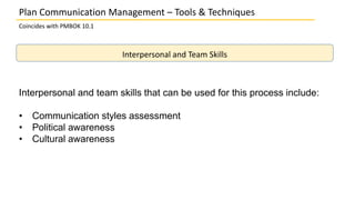 Plan Communication Management – Tools & Techniques
Coincides with PMBOK 10.1
Interpersonal and Team Skills
Interpersonal and team skills that can be used for this process include:
• Communication styles assessment
• Political awareness
• Cultural awareness
 