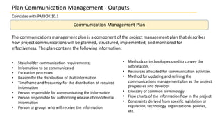 Plan Communication Management - Outputs
Coincides with PMBOK 10.1
Communication Management Plan
The communications management plan is a component of the project management plan that describes
how project communications will be planned, structured, implemented, and monitored for
effectiveness. The plan contains the following information:
• Methods or technologies used to convey the
information,
• Resources allocated for communication activities
• Method for updating and refining the
communications management plan as the project
progresses and develops
• Glossary of common terminology
• Flow charts of the information flow in the project
• Constraints derived from specific legislation or
regulation, technology, organizational policies,
etc.
• Stakeholder communication requirements;
• Information to be communicated
• Escalation processes
• Reason for the distribution of that information
• Timeframe and frequency for the distribution of required
information
• Person responsible for communicating the information
• Person responsible for authorizing release of confidential
information
• Person or groups who will receive the information
 