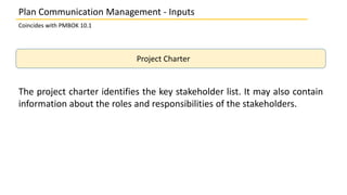 Plan Communication Management - Inputs
Coincides with PMBOK 10.1
Project Charter
The project charter identifies the key st...