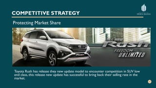 COMPETITIVE STRATEGY
Protecting Market Share
Toyota Rush has release they new update model to encounter competition in SUV low
end class, this release new update has successful to bring back their selling rate in the
market.
 