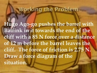 Hugo Ago-go pushes the barrel with
Batfink in it towards the end of the
cliff with a 85 N force over a distance
of 12 m before the barrel leaves the
cliff. The force of friction is 2.75 N.
Draw a force diagram of the
situation.

 