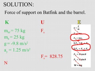 Suddenly, Batfink and the
barrel are lowered at .75
2
m/s . What is the force of
support acting on Batfink
and the Barrel?

 