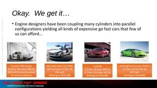 Okay. We get it…
• Engine designers have been coupling many cylinders into parallel
configurations yielding all kinds of expensive go fast cars that few of
us can afford…
Mercedes-Benz SLS AMG
583 hp from 6.2 liter V8
196 mph
Starting at $221,580
Audi R8
4.2 liter V8 does 430 hp
5.3 liter V10 does 550 hp
Starting at $182,500
Lamborghini Huracan LP610-4
5.2 liter v10 for 602 hp
202 mph
Starting at $244,000
Porsche 918 Spyder
4.6 liter V8 makes 608 hp
$845,000 (recently pulled
for serial problems)
Copyright©2015bytheDataManagementInstitute,LLC.AllRightsReserved.
 