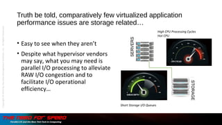 Truth be told, comparatively few virtualized application
performance issues are storage related…
• Easy to see when they aren’t
• Despite what hypervisor vendors
may say, what you may need is
parallel I/O processing to alleviate
RAW I/O congestion and to
facilitate I/O operational
efficiency…
Short Storage I/O Queues
SERVERS
STORAGE
High CPU Processing Cycles
Hot CPU
Copyright©2015bytheDataManagementInstitute,LLC.AllRightsReserved.
 