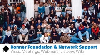 Bonner Foundation & Network Support
Visits, Meetings, Webinars, Listserv, Wiki
 