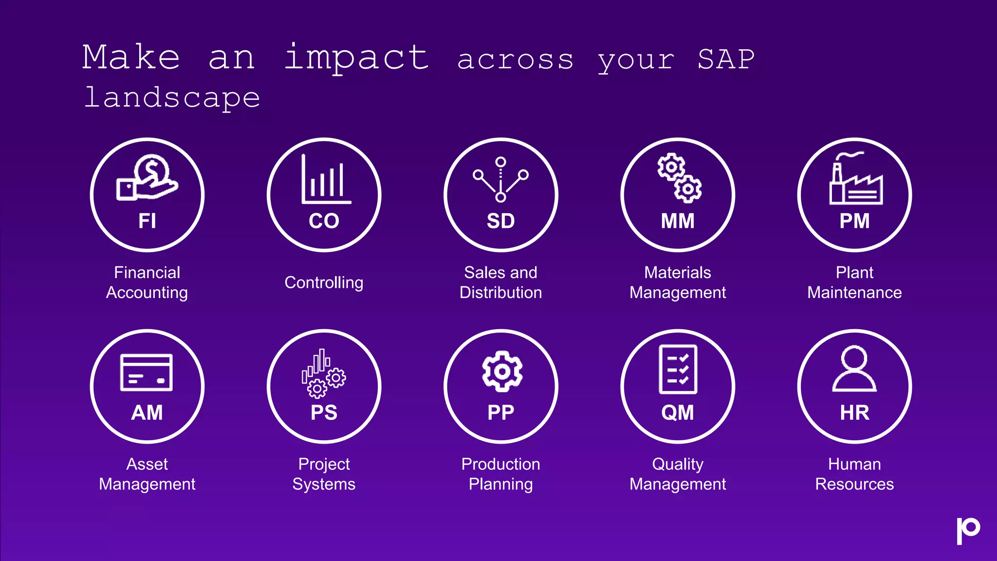 Make an impact across your SAP
landscape
Financial
Accounting
FI
Controlling
CO
Sales and
Distribution
SD
Materials
Management
MM
Plant
Maintenance
PM
Asset
Management
AM
Project
Systems
PS
Production
Planning
PP
Quality
Management
QM
Human
Resources
HR
 