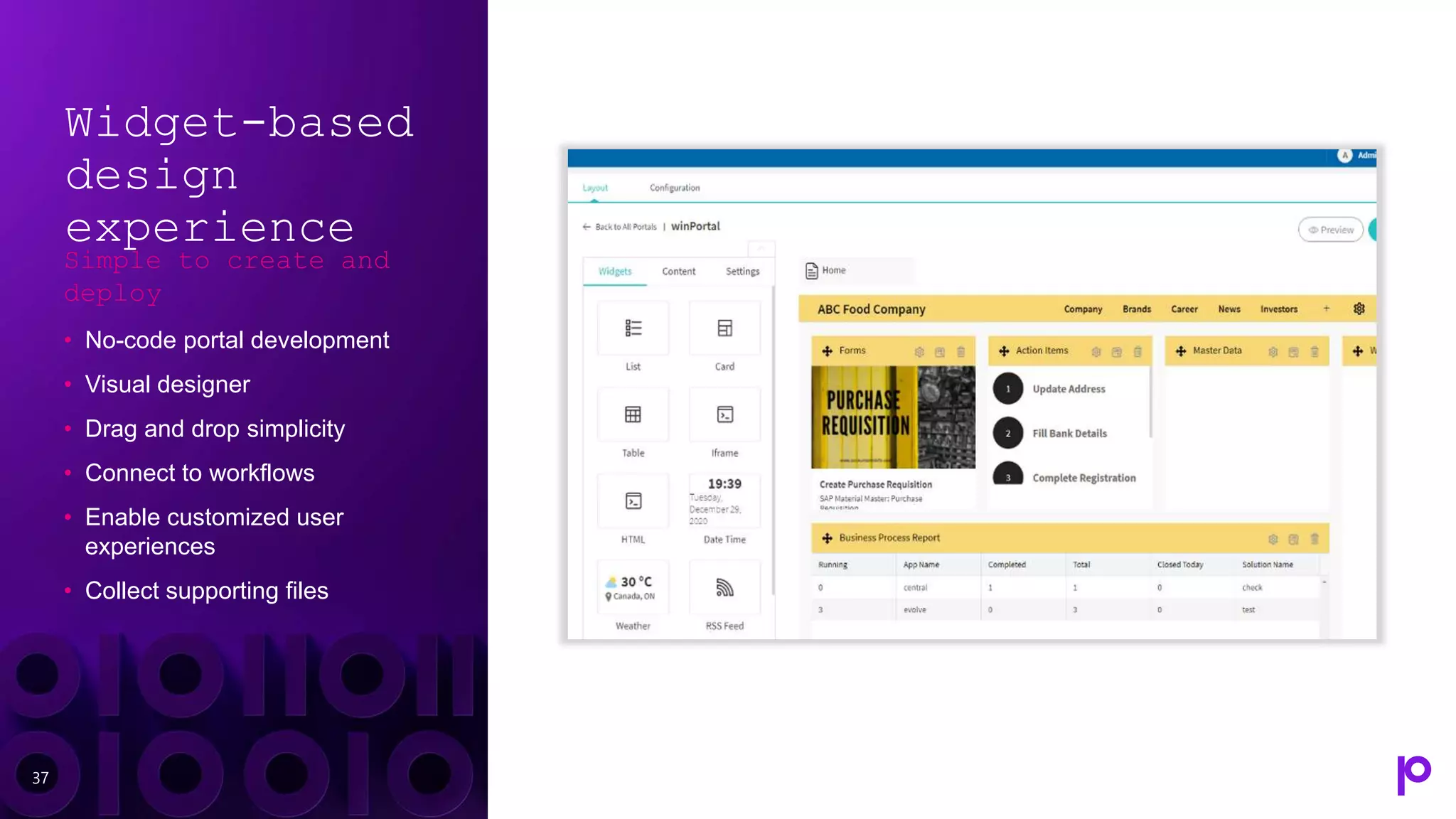 37
Widget-based
design
experience
Simple to create and
deploy
• No-code portal development
• Visual designer
• Drag and drop simplicity
• Connect to workflows
• Enable customized user
experiences
• Collect supporting files
 