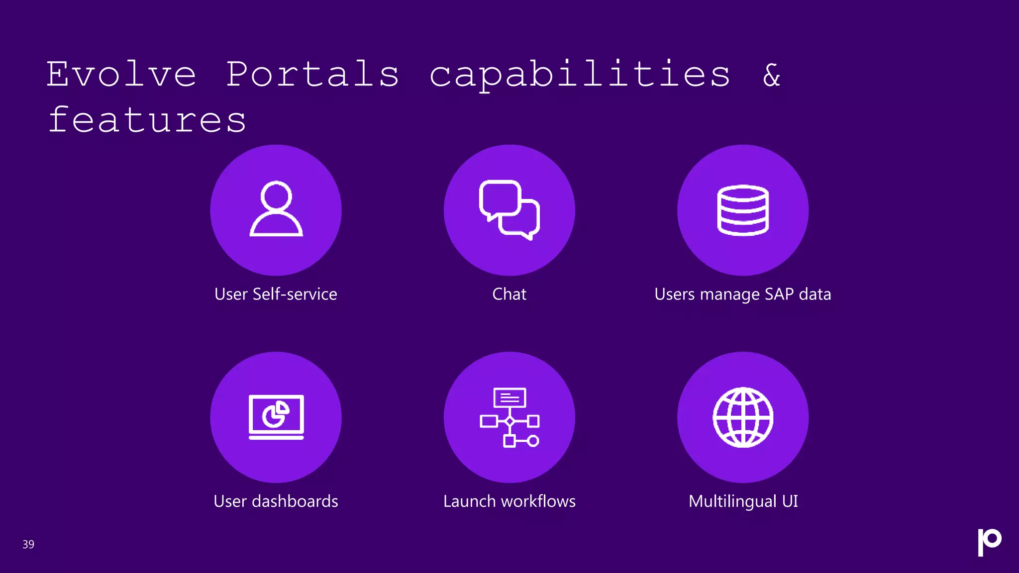 Evolve Portals capabilities &
features
39
User Self-service Chat Users manage SAP data
User dashboards Launch workflows Multilingual UI
 