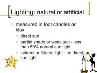 Lighting:  natural or artificial measured in foot candles or klux direct sun partial shade or weak sun - less than 50% natural sun light indirect or filtered light - no direct sun light 
