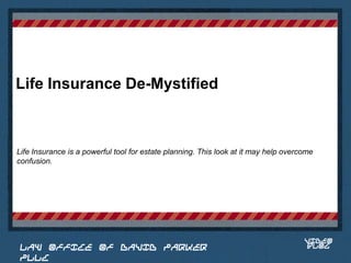 Life Insurance De-Mystified



Life Insurance is a powerful tool for estate planning. This look at it may help overcome
confusion.


                                                                               Place logo
                                                                              or logotype
                                                                                 here,
                                                                               otherwise
                                                                              delete this.




                                                                                     VIDEO
 LAW OFFICE OF DAVID PARKER                                                          BLOG
 PLLC
 