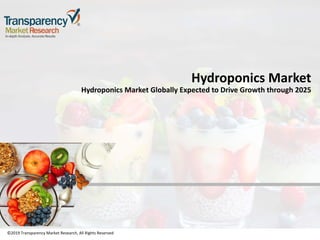 ©2019 Transparency Market Research, All Rights Reserved
Hydroponics Market
Hydroponics Market Globally Expected to Drive Growth through 2025
©2019 Transparency Market Research, All Rights Reserved
 