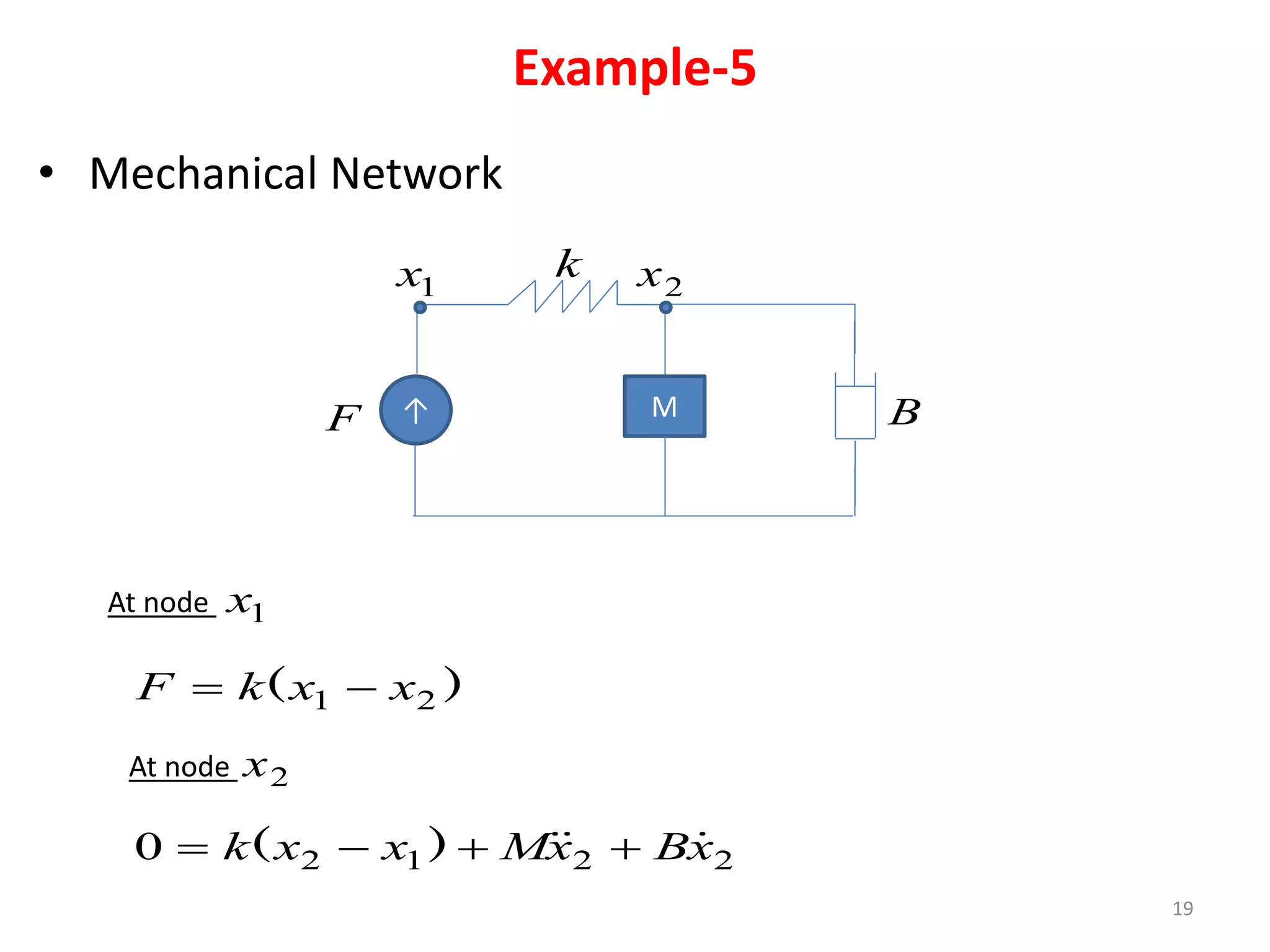 Example-5
19
• Mechanical Network
↑ M
k
B
F
1
x 2
x
)
( 2
1 x
x
k
F 

At node 1
x
At node 2
x
2
2
1
2
0 x
B
x
M
x
x
k 

 


 )
(
 