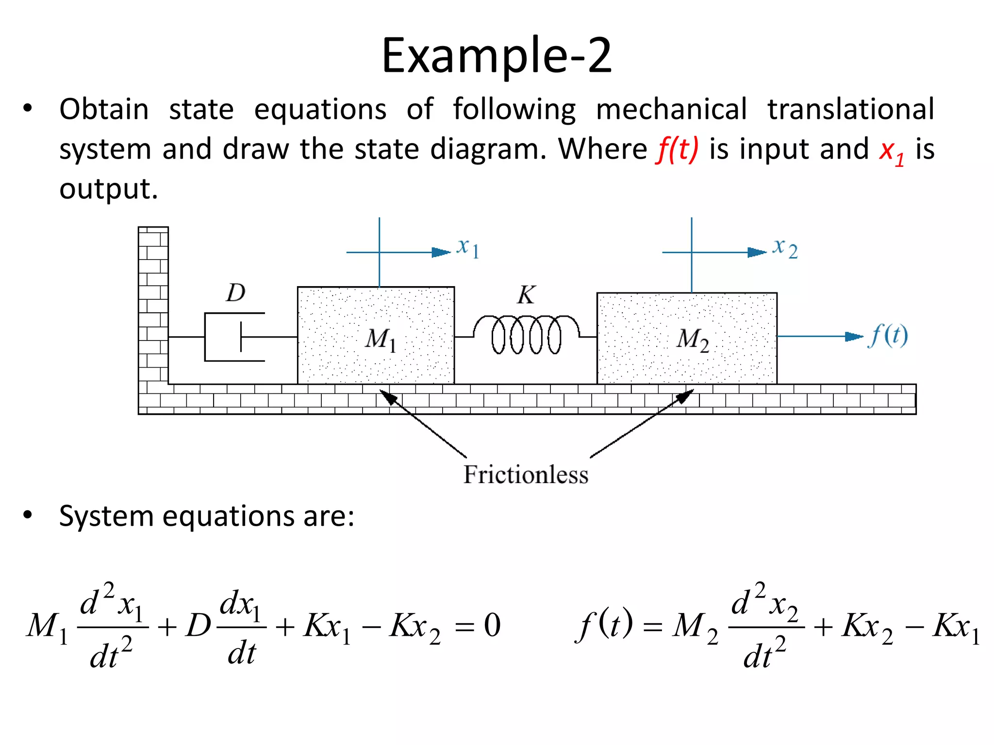 Example-2
• Obtain state equations of following mechanical translational
system and draw the state diagram. Where f(t) is input and x1 is
output.
0
2
1
1
2
1
2
1 


 Kx
Kx
dt
dx
D
dt
x
d
M 1
2
2
2
2
2 Kx
Kx
dt
x
d
M
t
f 


)
(
• System equations are:
 