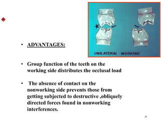 • ADVANTAGES:
• Group function of the teeth on the
working side distributes the occlusal load
• The absence of contact on the
nonworking side prevents those from
getting subjected to destructive ,obliquely
directed forces found in nonworking
interferences.
25
 