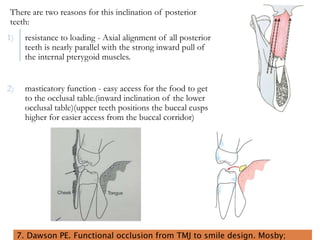 There are two reasons for this inclination of posterior
teeth:
1) resistance to loading - Axial alignment of all posterior
teeth is nearly parallel with the strong inward pull of
the internal pterygoid muscles.
2) masticatory function - easy access for the food to get
to the occlusal table.(inward inclination of the lower
occlusal table)(upper teeth positions the buccal cusps
higher for easier access from the buccal corridor)
45
7. Dawson PE. Functional occlusion from TMJ to smile design. Mosby;
 
