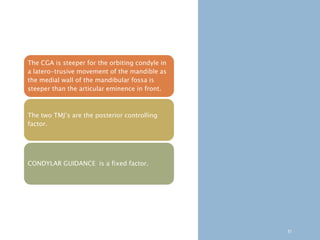 51
The CGA is steeper for the orbiting condyle in
a latero-trusive movement of the mandible as
the medial wall of the mandibular fossa is
steeper than the articular eminence in front.
The two TMJ’s are the posterior controlling
factor.
CONDYLAR GUIDANCE is a fixed factor.
 