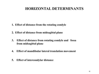 HORIZONTAL DETERMINANTS
1. Effect of distance from the rotating condyle
2. Effect of distance from midsagittal plane
3. Effect of distance from rotating condyle and fossa
from midsagittal plane
4. Effect of mandibular lateral translation movement
5. Effect of intercondylar distance
62
 
