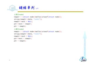 Make
each
day
count
//建立node2
newptr = (struct node*)malloc(sizeof(struct node));
strcpy(newptr->data, "node2");
newptr->next = NULL;
ptr->next = newptr;
ptr = newptr;
//建立node3
newptr = (struct node*)malloc(sizeof(struct node));
strcpy(newptr->data, "node3");
newptr->next = NULL;
ptr->next = newptr;
ptr = newptr;
鏈結串列 7/8
23
 
