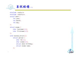 Make
each
day
count
#include <stdio.h>
#include <stdlib.h>
struct date {
int year;
int month;
int day;
};
struct ename {
char lastname[12];
char firstname[12];
};
void nested_struct(){
struct person {
char id[11];
char cname[10];
struct date birthday;
struct ename name;
};
巢狀結構 2/3
7
 