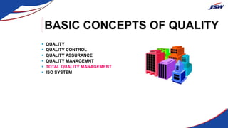 BASIC CONCEPTS OF QUALITY
 QUALITY
 QUALITY CONTROL
 QUALITY ASSURANCE
 QUALITY MANAGEMNT
 TOTAL QUALITY MANAGEMENT
 ISO SYSTEM
 