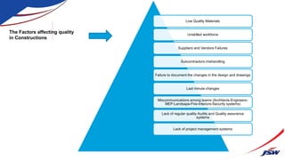 The Factors affecting quality
in Constructions
Low Quality Materials
Unskilled workforce
Suppliers and Vendors Failures
Subcontractors mishandling
Failure to document the changes in the design and drawings
Last minute changes
Miscommunications among teams (Architects-Engineers-
MEP-Landsape-Fire-Interiors-Security systems)
Lack of regular quality Audits and Quality assurance
systems
Lack of project management systems
 