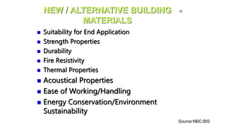 32
NEW / ALTERNATIVE BUILDING
MATERIALS
 Suitability for End Application
 Strength Properties
 Durability
 Fire Resistivity
 Thermal Properties
 Acoustical Properties
 Ease of Working/Handling
 Energy Conservation/Environment
Sustainability
Source:NBC:BIS
 