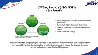 JSW Slag Products ( PSC/ GGBS)
- Eco Friendly
The products of BF Slag are highly regarded as environment friendly materials that can protect the
environment by limiting the exploitation of natural resources and reduce the amount of energy
consumed in the mining of natural Resources.
 Recycled byproduct-No new materials used for
production.
 Durability-Longer Life span of the building
 Lowered co2 emissions reducing green house
gases.
 Lower Embodied Energy
7
9
 