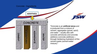 Concrete - Ingredients
ADDITIVES
86
"Concrete is an artificial stone and
is produced from a mixture of
cement, aggregates (gravel, sand)
and water – usually also with
concrete admixtures and concrete
additions (concrete additives) –
through hardening (hydration) of the
cement paste (cement-water
mixture)."
 