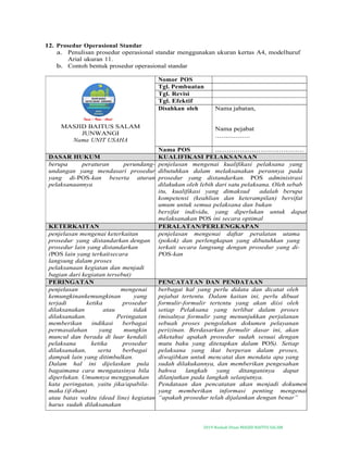 2019-Naskah Dinas MASJID BAITUS SALAM
12. Prosedur Operasional Standar
a. Penulisan prosedur operasional standar menggunakan ukuran kertas A4, modelhuruf
Arial ukuran 11.
b. Contoh bentuk prosedur operasional standar
MASJID BAITUS SALAM
JUNWANGI
Nama UNIT USAHA
Nomor POS
Tgl. Pembuatan
Tgl. Revisi
Tgl. Efektif
Disahkan oleh Nama jabatan,
Nama pejabat
.................
Nama POS .......................................
DASAR HUKUM KUALIFIKASI PELAKSANAAN
berupa peraturan perundang-
undangan yang mendasari prosedur
yang di-POS-kan beserta aturan
pelaksanaannya
penjelasan mengenai kualifikasi pelaksana yang
dibutuhkan dalam melaksanakan perannya pada
prosedur yang distandarkan. POS administrasi
dilakukan oleh lebih dari satu pelaksana. Oleh sebab
itu, kualifikasi yang dimaksud adalah berupa
kompetensi (keahlian dan keterampilan) bersifat
umum untuk semua pelaksana dan bukan
bersifat individu, yang diperlukan untuk dapat
melaksanakan POS ini secara optimal
KETERKAITAN PERALATAN/PERLENGKAPAN
penjelasan mengenai keterkaitan
prosedur yang distandarkan dengan
prosedur lain yang distandarkan
(POS lain yang terkaitsecara
langsung dalam proses
pelaksanaan kegiatan dan menjadi
bagian dari kegiatan tersebut)
penjelasan mengenai daftar peralatan utama
(pokok) dan perlengkapan yang dibutuhkan yang
terkait secara langsung dengan prosedur yang di-
POS-kan
PERINGATAN PENCATATAN DAN PENDATAAN
penjelasan mengenai
kemungkinankemungkinan yang
terjadi ketika prosedur
dilaksanakan atau tidak
dilaksanakan. Peringatan
memberikan indikasi berbagai
permasalahan yang mungkin
muncul dan berada di luar kendali
pelaksana ketika prosedur
dilaksanakan, serta berbagai
dampak lain yang ditimbulkan.
Dalam hal ini dijelaskan pula
bagaimana cara mengatasinya bila
diperlukan. Umumnya menggunakan
kata peringatan, yaitu jika/apabila-
maka (if-than)
atau batas waktu (dead line) kegiatan
harus sudah dilaksanakan
berbagai hal yang perlu didata dan dicatat oleh
pejabat tertentu. Dalam kaitan ini, perlu dibuat
formulir-formulir tertentu yang akan diisi oleh
setiap Pelaksana yang terlibat dalam proses
(misalnya formulir yang menunjukkan perjalanan
sebuah proses pengolahan dokumen pelayanan
perizinan. Berdasarkan formulir dasar ini, akan
diketahui apakah prosedur sudah sesuai dengan
mutu baku yang ditetapkan dalam POS). Setiap
pelaksana yang ikut berperan dalam proses,
diwajibkan untuk mencatat dan mendata apa yang
sudah dilakukannya, dan memberikan pengesahan
bahwa langkah yang ditanganinya dapat
dilanjutkan pada langkah selanjutnya.
Pendataan dan pencatatan akan menjadi dokumen
yang memberikan informasi penting mengenai
“apakah prosedur telah dijalankan dengan benar”
 