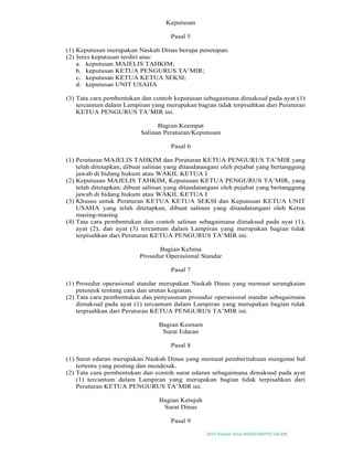 2019-Naskah Dinas MASJID BAITUS SALAM
Keputusan
Pasal 5
(1) Keputusan merupakan Naskah Dinas berupa penetapan.
(2) Jenis keputusan terdiri atas:
a. keputusan MAJELIS TAHKIM;
b. keputusan KETUA PENGURUS TA’MIR;
c. keputusan KETUA KETUA SEKSI;
d. keputusan UNIT USAHA
(3) Tata cara pembentukan dan contoh keputusan sebagaimana dimaksud pada ayat (1)
tercantum dalam Lampiran yang merupakan bagian tidak terpisahkan dari Peraturan
KETUA PENGURUS TA’MIR ini.
Bagian Keempat
Salinan Peraturan/Keputusan
Pasal 6
(1) Peraturan MAJELIS TAHKIM dan Peraturan KETUA PENGURUS TA’MIR yang
telah ditetapkan, dibuat salinan yang ditandatangani oleh pejabat yang bertanggung
jawab di bidang hukum atau WAKIL KETUA I
(2) Keputusan MAJELIS TAHKIM, Keputusan KETUA PENGURUS TA’MIR, yang
telah ditetapkan, dibuat salinan yang ditandatangani oleh pejabat yang bertanggung
jawab di bidang hukum atau WAKIL KETUA I
(3) Khusus untuk Peraturan KETUA KETUA SEKSI dan Keputusan KETUA UNIT
USAHA yang telah ditetapkan, dibuat salinan yang ditandatangani oleh Ketua
masing-masing
(4) Tata cara pembentukan dan contoh salinan sebagaimana dimaksud pada ayat (1),
ayat (2), dan ayat (3) tercantum dalam Lampiran yang merupakan bagian tidak
terpisahkan dari Peraturan KETUA PENGURUS TA’MIR ini.
Bagian Kelima
Prosedur Operasional Standar
Pasal 7
(1) Prosedur operasional standar merupakan Naskah Dinas yang memuat serangkaian
petunjuk tentang cara dan urutan kegiatan.
(2) Tata cara pembentukan dan penyusunan prosedur operasional standar sebagaimana
dimaksud pada ayat (1) tercantum dalam Lampiran yang merupakan bagian tidak
terpisahkan dari Peraturan KETUA PENGURUS TA’MIR ini.
Bagian Keenam
Surat Edaran
Pasal 8
(1) Surat edaran merupakan Naskah Dinas yang memuat pemberitahuan mengenai hal
tertentu yang penting dan mendesak.
(2) Tata cara pembentukan dan contoh surat edaran sebagaimana dimaksud pada ayat
(1) tercantum dalam Lampiran yang merupakan bagian tidak terpisahkan dari
Peraturan KETUA PENGURUS TA’MIR ini.
Bagian Ketujuh
Surat Dinas
Pasal 9
 