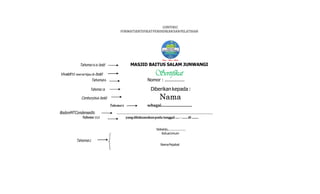 CONTOHC
FORMATSERTIFIKATPENDIDIKANDANPELATIHAN
Tahoma 16 di-bold MASJID BAITUS SALAM JUNWANGI
Vivaldi 55 warnahijau di-bold Sertifikat
Tahoma16 Nomor : ................
Tahoma 18 Diberikankepada :
Century26di-bold Nama
Tahoma14 sebagai.............................
BodoniMTCondensed30 .............................................................................................................
Tahoma 13,5 yangdilaksanakanpada tanggal......- ........di .........
Tahoma12
Sidoarjo,...................
KetuaUmum
NamaPejabat
 