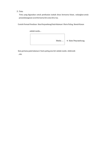 3. Tinta
Tinta yang digunakan untuk pembuatan naskah dinas berwarna hitam, sedangkan untuk
penandatanganan surat berwarna biru atau biru tua.
Contoh Format Penulisan Kata PenyambungPada Halaman 1 Baris Paling BawahKanan
adalah media…
Kata pertama pada halaman 2 baris paling atas kiri adalah media elektronik
…dst.
 