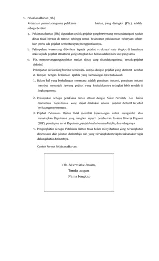 4. PelaksanaHarian(Plh.)
Ketentuan penandatanganan pelaksana harian, yang disingkat (Plh.), adalah
sebagaiberikut:
a. Pelaksana harian (Plh.) digunakan apabila pejabat yang berwenang menandatangani naskah
dinas tidak berada di tempat sehingga untuk kelancaran pelaksanaan pekerjaan sehari-
hari perlu ada pejabat sementarayangmenggantikannya.
b. Pelimpahan wewenang diberikan kepada pejabat struktural satu tingkat di bawahnya
atau kepada pejabat struktural yang setingkat dan berada dalamsatu unit yang sama.
c. Plh. mempertanggungjawabkan naskah dinas yang ditandatanganinya kepada pejabat
definitif.
Pelimpahan wewenang bersifat sementara, sampai dengan pejabat yang definitif kembali
di tempat, dengan ketentuan apabila yang berhalangantersebutadalah:
1. Dalam hal yang berhalangan sementara adalah pimpinan instansi, pimpinan instansi
tersebut menunjuk seorang pejabat yang kedudukannya setingkat lebih rendah di
lingkungannya.
2. Penunjukan sebagai pelaksana harian dibuat dengan Surat Perintah dan harus
disebutkan tugas-tugas yang dapat dilakukan selama pejabat definitif tersebut
berhalangansementara.
3. Pejabat Pelaksana Harian tidak memiliki kewenangan untuk mengambil atau
menetapkan Keputusan yang mengikat seperti pembuatan Sasaran Kinerja Pegawai
(SKP), penetapan surat Keputusan,penjatuhan hukumandisiplin,dan sebagainya.
4. Pengangkatan sebagai Pelaksana Harian tidak boleh menyebabkan yang bersangkutan
dibebaskan dari jabatan definitifnya dan yang bersangkutantetapmelaksanakantugas
dalamjabatan definitifnya.
ContohFormatPelaksanaHarian:
Plh. Sekretaris Umum,
Tanda tangan
Nama Lengkap
 