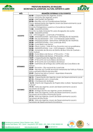 PREFEITURA MUNICIPAL DE IRAUÇUBA
SECRETARIA DA JUVENTUDE, CULTURA, ESPORTE E LAZER
Secretaria da Juventude, Cultura, Esporte e Lazer - SEJUV
Avenida Paulo Bastos, 1481 - Centro – Irauçuba/CE, CEP: 62620 – 000 - CNPJ: 07.683.188/0001-69
sejuv@iraucuba.ce.gov.br www.iraucuba.ce.gov.br (88) 981645118
13
MÊS REUNIÕES EXTERNAS E/OU EVENTOS
AGOSTO
02/08 - I Capacitação Dos Agentes Jovens;
Pauta: I Encontro dos Agentes Jovens
03/08 - I ENCONTRO DE GESTÃO;
05/08 – Reunião com os Coordenadores Distritais
Pauta: Apresentação dos Agente Jovens de Desenvolvimento Local
11/08 – #AGOSTOJOVEM
Encontro Protagonismo Juvenil e a Consciência Cidadã
11/08 - #AGOSTOJOVEM
Encontro na rádio Amizade FM, para divulgação das ações
12/08 - #AGOSTOJOVEM
Live – LIVE Instagram – Juventude e Pandemia;
13/08 - #AGOSTOJOVEM - Sexta-Show: EXPOSIÇÃO DE TALENTOS
19/08 – Dia do Historiador - Live – Conversando sobre história
20/08 - #AGOSTOJOVEM - Sexta-Show: EXPOSIÇÃO DE TALENTOS
20/08 – #AGOSTOJOVEM – Live Juventude Ativa
21/08 – Curso Básico de Dança
22/08 – Fórum Junino – Vale do Curu Encontro com os quadrilheiros
26/08 - #AGOSTOJOVEM - Live – LIVE Instagram – Profissões;
27/08 – Aniversário de 58 anos do Distrito de Boa Vista do Caxitoré –
Noite Cultural
28/08 – Curso Básico de Dança - 2º Encontro – 1º Dia
29/08 – Curso Básico de Dança - 2º Encontro – 2º Dia
SETEMBRO
10/09 - I Capacitação Dos Agentes Jovens;
11/09 – 3º Encontro do Curso Básico de Dança;
18/09 – 4º Encontro do Curso Básico de Dança
18/09 – Cerimônia de entrega dos certificados do Curso Básico de
Dança
22/09 – Encontro – Dia nacional da Juventude
29/09 – Reunião do Comitê Municipal Intersetorial de Políticas Públicas
para a primeira infância de Irauçuba
29/09 – Festival de Arte e Cultura – Assembleia Itinerante
Grupo Cultura e Artista
OUTUBRO
04/10 - Capacitação dos Agentes Jovens de Desenvolvimento Local;
07/10 – Dialogando com a Juventude;
09/10 – I Campeonato de Break;
16/10 – Evento de integração do Projeto Mão na Bola “Apresentação
Cultural”
19/10 – Visita dos Agentes Jovens de Desenvolvimento Local à
Secretaria da Saúde
20/10 – Entrega dos Kits aos Agentes Jovens Ambientais
21/10 - Visita dos Agentes Jovens de Desenvolvimento Local à
Secretaria da Inclusão e Promoção Social
27/10 - Visita dos Agentes Jovens de Desenvolvimento Local à
Secretaria de Educação
29/10 - Visita dos Agentes Jovens de Desenvolvimento Local à
Secretaria de Desenvolvimento Econômico.
 