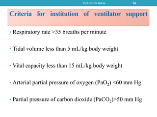 Criteria for institution of ventilator support
• Respiratory rate >35 breaths per minute
• Tidal volume less than 5 mL/kg body weight
• Vital capacity less than 15 mL/kg body weight
• Arterial partial pressure of oxygen (PaO2) <60 mm Hg
• Partial pressure of carbon dioxide (PaCO2)>50 mm Hg
Prof. Dr. RS Mehta 14
 