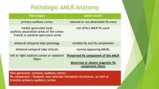 Pathologic AMLR Anatomy
Pathologies AMLR results
primary auditory cortex reduced or not detectable Pa wave
medial geniculate body
auditory association areas of the cortex
frontal or parietal operculum areas
not affect AMLR Pa wave
bilateral temporal lobe pathology reliable Na and Pa components
bilateral temporal lobe infarcts normal-appearing AMLRs
left or right auditory cortex or radiation
fibers
Preserved Pa component of the AMLR
Abnormal or absent magnetic Pa
component (Pam)
Pam generator: primary auditory cortex
Pa component : thalamic and reticular formation structures, as well as
fromthe primary auditory cortex
 